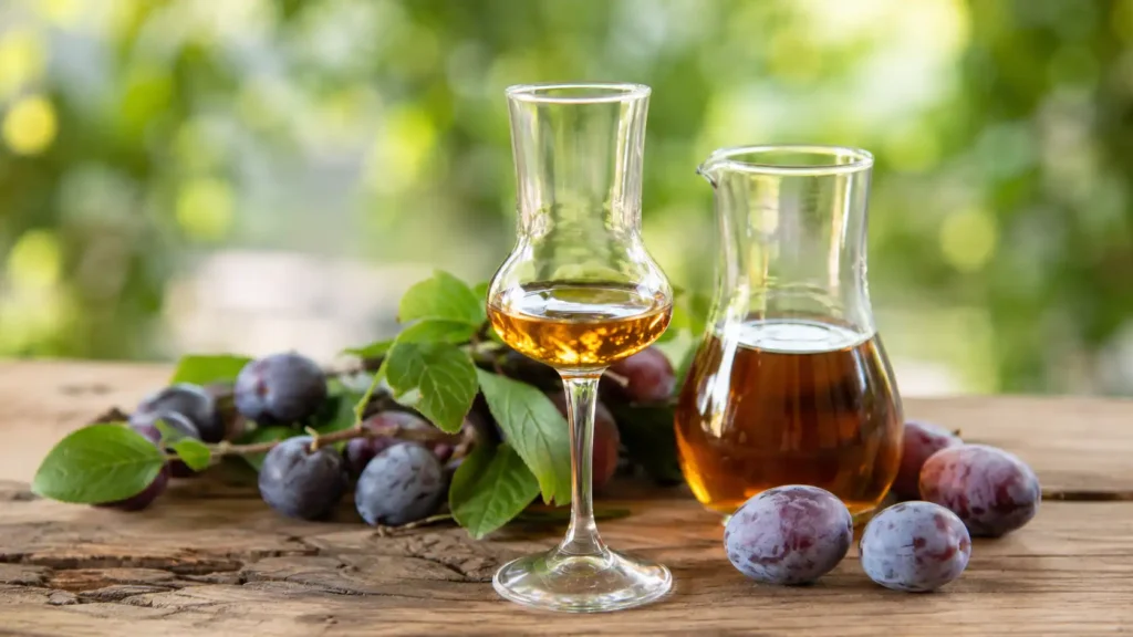 Rakija u staklenoj čaši i bokalu uz šljive
